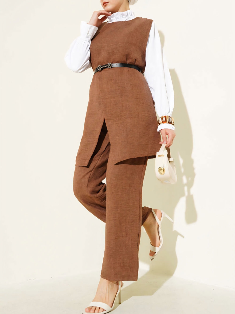 Modest Belted Three-Piece Set โ Vest, Blouse & Pants โ Brown